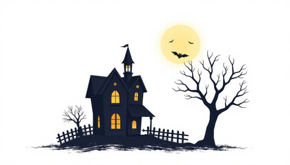 Haunted house with glowing windows under full moon and flying bats near spooky bare tree on white background