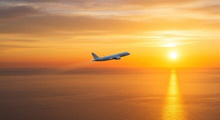 Airplane flying over the ocean at sunset