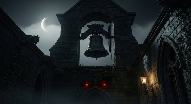 Gothic Bell Tower with Eerie Red Eyes Under a Crescent Moon - Powered by Adobe