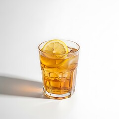 A refreshing glass of iced tea with lemon slices and ice cubes casting a shadow on a clean white background.