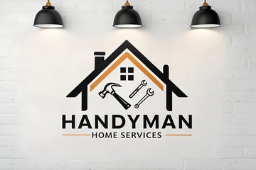 Handyman home services logo on brick wall with lights above