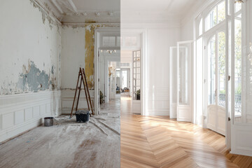 Room renovation: Before & after transformation shows restored parquet, repaired walls, and fresh white paint.