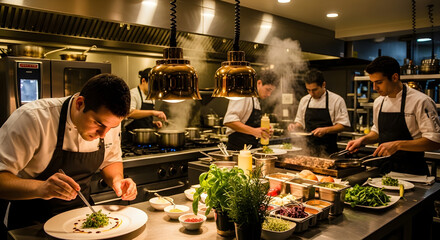"Culinary Team at Work in a Fine Dining Kitchen" – Ideal for use in restaurant promotional materials, culinary school brochures, or chef recruitment campaigns.