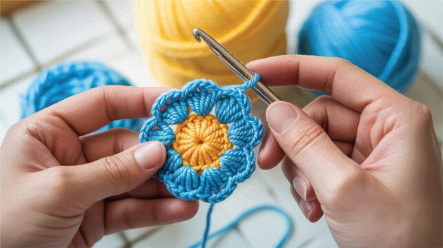 Crocheting a Colorful Flower Motif Close Up Crafting Project with Yarn and Hook Hobby Supplies and Tools Artistic Creation Process