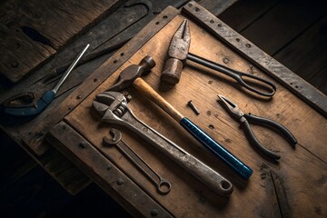 Old rusty tools on a wooden table in a carpenters workshop