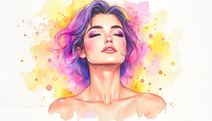 Young woman with colorful hair and closed eyes in watercolor style  