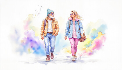 Fototapeta premium Watercolor image shows a man with a beard and a blonde woman walking forward, wearing jackets and casual attire, with a painterly background, to be used for travel blogs.