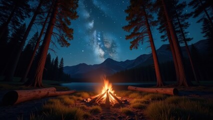 Fototapeta premium Campfire under the Milky Way in a dense forest