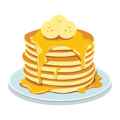 Stack of Pancakes with Golden Syrup and Fresh Banana Slices - Vector Illustration