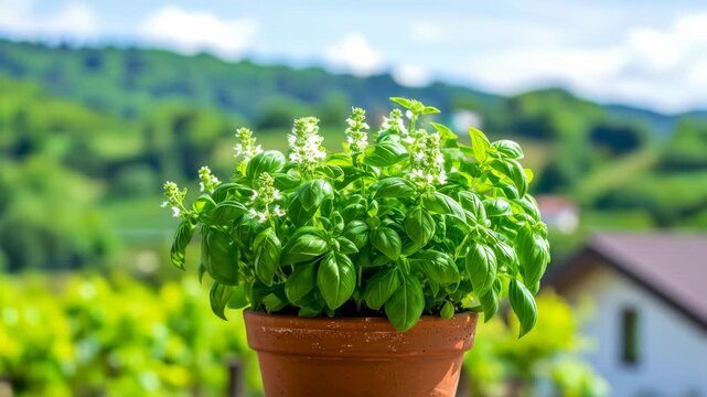 Fresh basil plant in pot