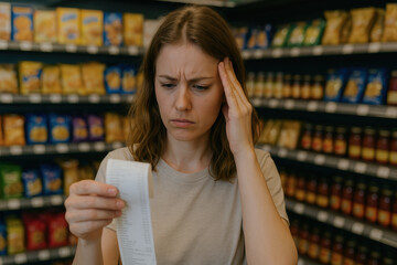Woman looks concerned while examining receipt in grocery store, reflecting on price surge and its impact on her budget