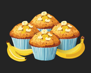 A Set of Freshly Baked Muffins with Bananas - Vector Illustration