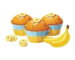 Delicious Homemade Muffins with a Bunch of Bananas - Vector Illustration