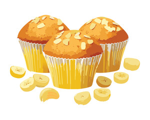 A Set of Freshly Baked Muffins and Bananas - Vector Illustration