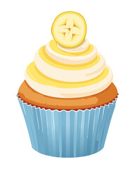 Banana Cupcake with Cream and a Banana Slice - Vector Illustration