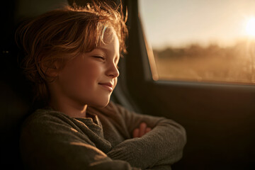 Child dreams during a sunlit car ride, embracing the golden hour with a peaceful smile.