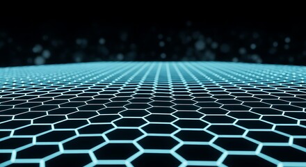 Fototapeta premium Abstract hexagonal pattern background with glowing cyan lines and bokeh effect. Futuristic, technology, network concept.