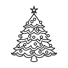 Merry Christmas and Happy New Year, with a festive illustration of a green pine tree decorated with winter ornaments, stars, and snow, perfect for a holiday card