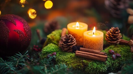 Warm golden candles illuminate festive pine cones and cinnamon sticks nestled on soft green moss, creating a cozy winter holiday atmosphere with blurred bokeh lights