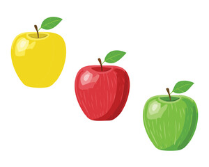  Three Apples of Different Colors on a Clean White Background - Vector Illustration