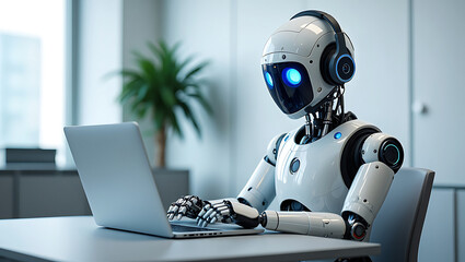 Futuristic Robot Working on Laptop with Headphones On Modern Workplace Environment Technology Concept