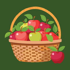 Wicker Basket Filled with a Fresh Harvest of Apples - Vector Illustration