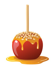 A Red Candy Apple with a Caramel Coating and Peanuts - Vector Illustration