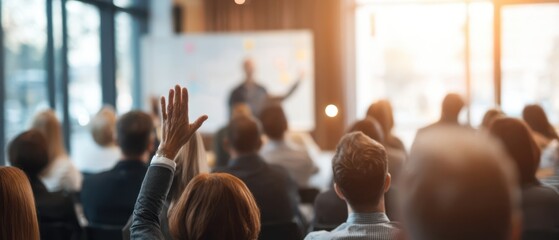 The engaged audience with raised hands during an interactive presentation session