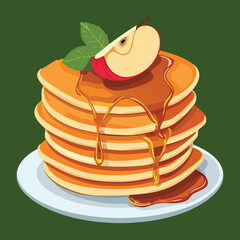  A Stack of Delicious Pancakes with an Apple and Fresh Mint - Vector Illustration