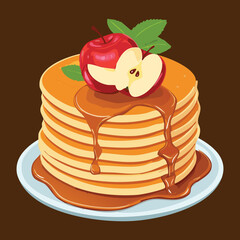 A Stack of Pancakes with Maple Syrup, Sliced Apple and Cherry - Vector Illustration

