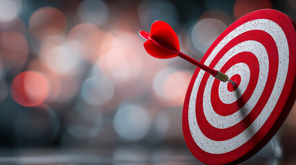 Red dart hitting the center of a red and white target with a blurred background of bokeh lights