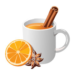 Hot Tea with Orange Slice and Spices - Vector Illustration