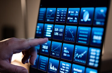 Close up hand pointing at market and investment data on a screen. Notebook computer, stock exchange, trading , business, information, chart, analyzing, data.