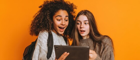 The two friends excitedly sharing a moment over a tablet against a bright backdrop.