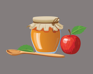  Glass Jar of Golden Honey with a Wooden Spoon and an Apple - Vector Illustration