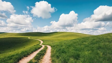 Serene rolling green hills with a winding dirt path under a bright blue sky