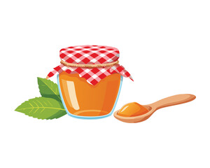 A Jar of Golden Honey with a Spoon and Gingham Lid - Vector Illustration