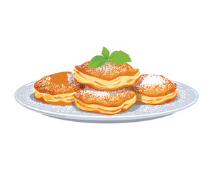 Plate of Delicious Mini Pancakes Topped with Powdered Sugar and Mint - Vector Illustration