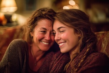 Mother and teenage daughter having heart-to-heart conversation and hugging on cozy sofa, emotional reconciliation with gentle smiles and understanding expressions, warm living room lighting with enhan