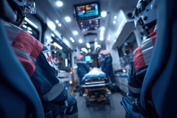 Paramedic team providing emergency medical care inside modern ambulance, professional medical equipment and monitoring devices, bright ambulance interior lighting, shot with 24mm wide angle lens, emer