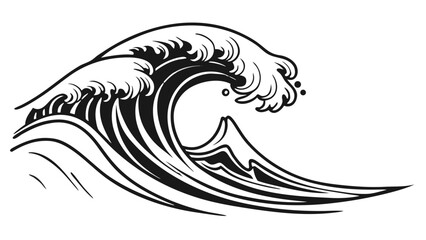 Stylized monochrome depiction of a powerful ocean wave cresting with foam and dynamic lines design element