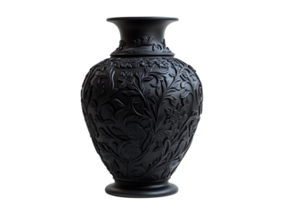 Black ornate vase carved floral design isolated on transparent background