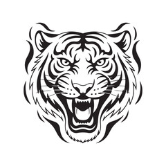 Fototapeta premium Fierce black and white tiger face with open mouth and tribal patterns animal big cat