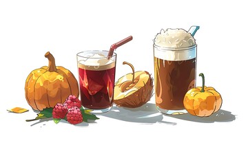 Autumnal Pumpkin Spice Latte and Raspberry Drinks; Whipped Cream, Cozy Fall Mood, Cartoon Style Illustration