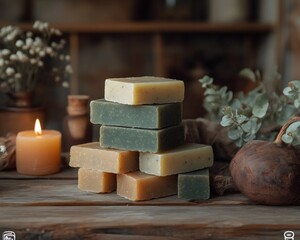 Many bars of handmade soap stacked on a wooden shelf with white flowers and rustic decor. Natural skincare and hygiene products.