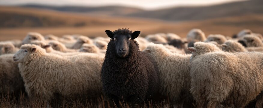 The striking contrast of a black sheep among a flock of white sheep.