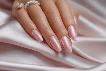 Elegant pink nail design displayed on a silky pink fabric during a beauty session
