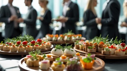Elegant gourmet finger food and canapés served on wooden trays at a formal corporate networking event with business professionals in background

 - Powered by Adobe