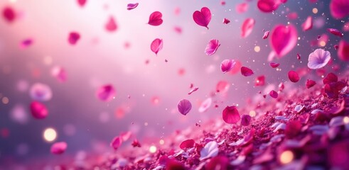Pink rose petals falling in a dreamy soft focus background