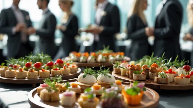 Elegant gourmet finger food and canap&eacute;s served on wooden trays at a formal corporate networking event with business professionals in background

